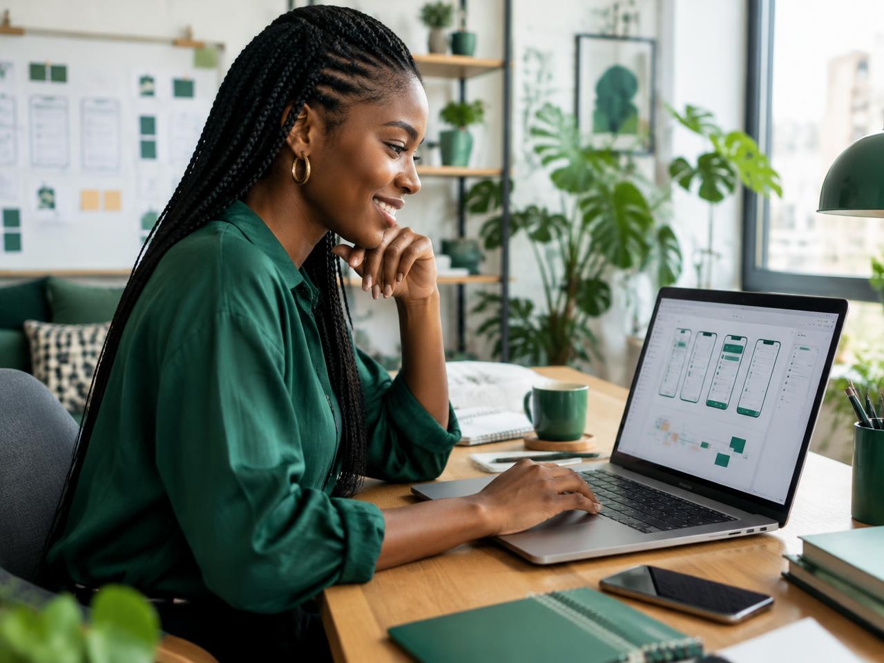 Entrepreneuse créant son application sur ordinateur