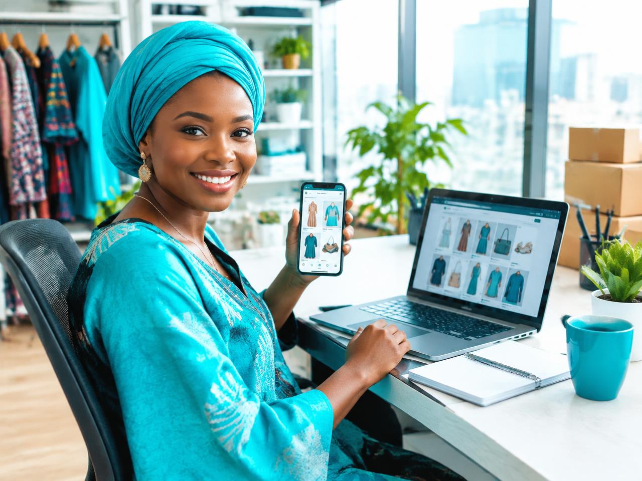 Commerçante présentant sa boutique sur téléphone et ordinateur